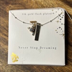 14k Gold Flash Plated Necklace with Charms-letter k/never stop dreaming & mouse.